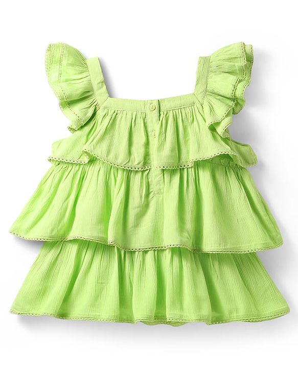 Babyhug Crinkled Crepe Woven Frill Sleeves Layered Top with Lace Detailing - Light Green