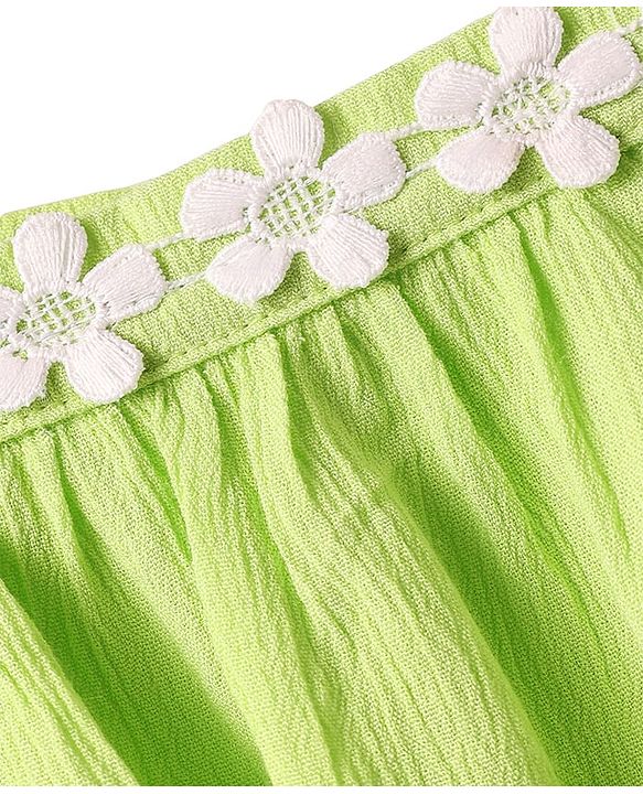 Babyhug Crinkled Crepe Woven Frill Sleeves Layered Top with Lace Detailing - Light Green