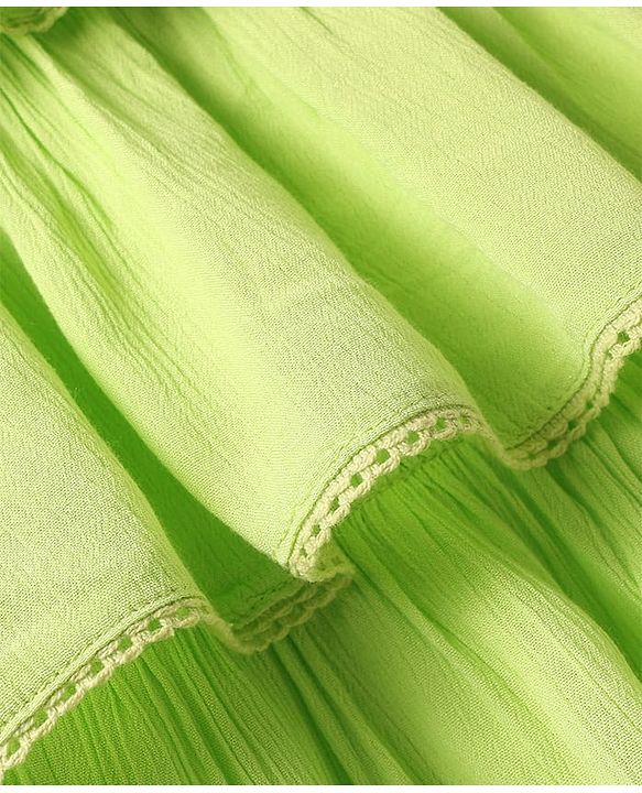 Babyhug Crinkled Crepe Woven Frill Sleeves Layered Top with Lace Detailing - Light Green