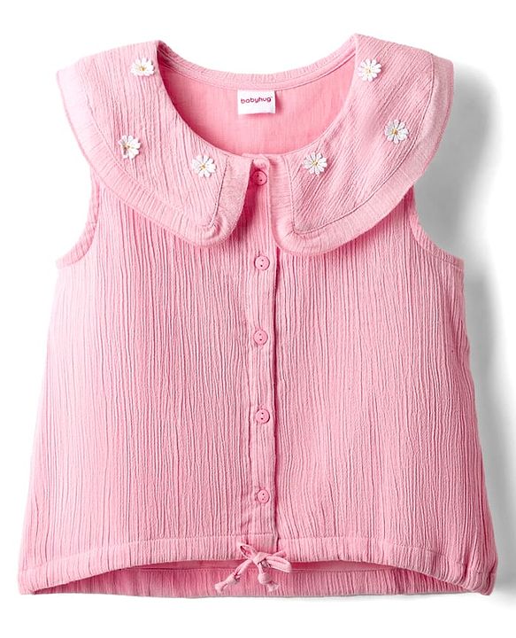 Babyhug Crinkled Crepe Woven Sleeveless Textured Peter Pan Collared Top with Floral Applique - Pink