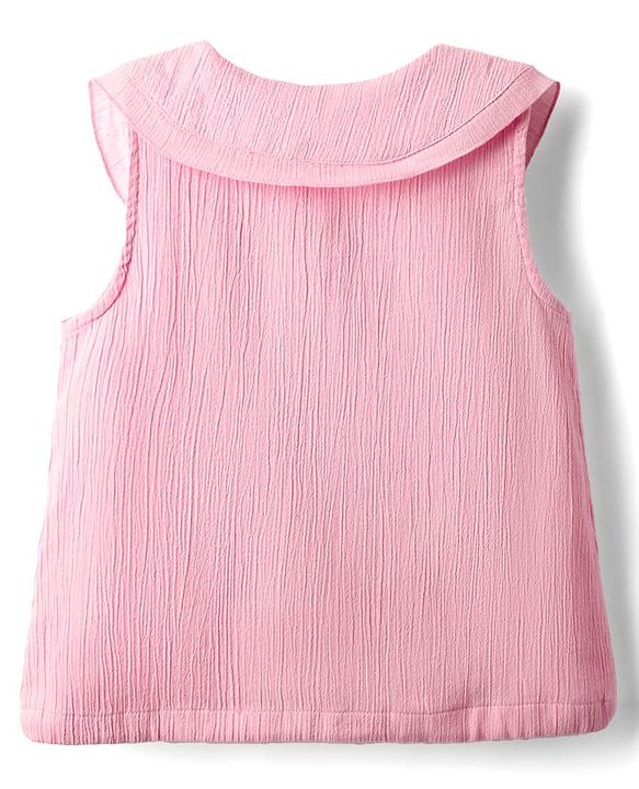 Babyhug Crinkled Crepe Woven Sleeveless Textured Peter Pan Collared Top with Floral Applique - Pink
