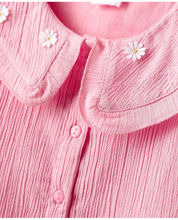 Babyhug Crinkled Crepe Woven Sleeveless Textured Peter Pan Collared Top with Floral Applique - Pink