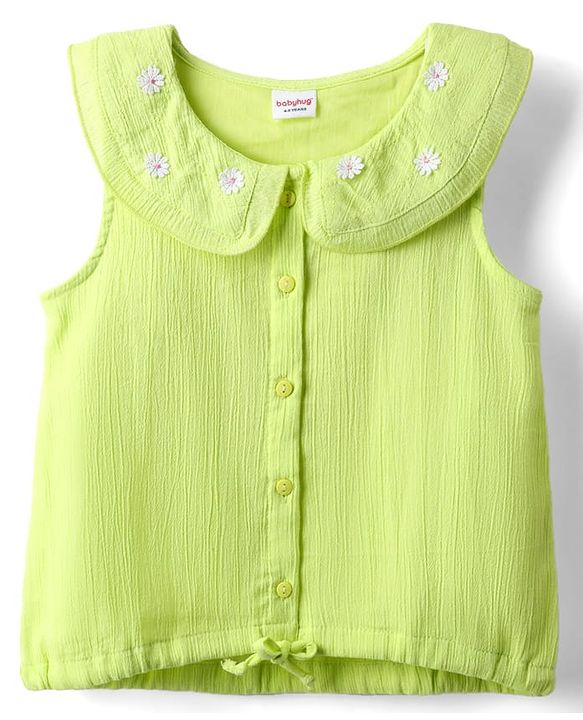 Babyhug Crinkled Crepe Woven Sleeveless Textured Peter Pan Collared Top with Floral Floral Applique - Light Green