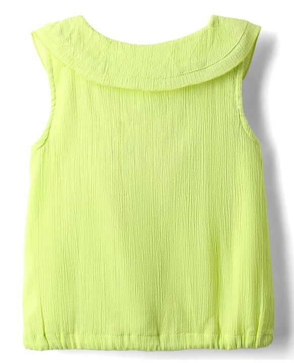 Babyhug Crinkled Crepe Woven Sleeveless Textured Peter Pan Collared Top with Floral Floral Applique - Light Green