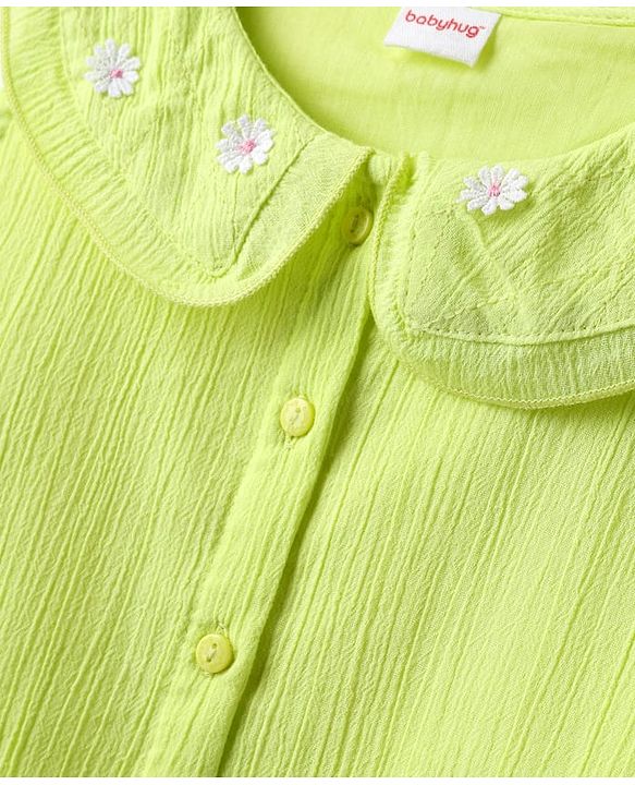 Babyhug Crinkled Crepe Woven Sleeveless Textured Peter Pan Collared Top with Floral Floral Applique - Light Green