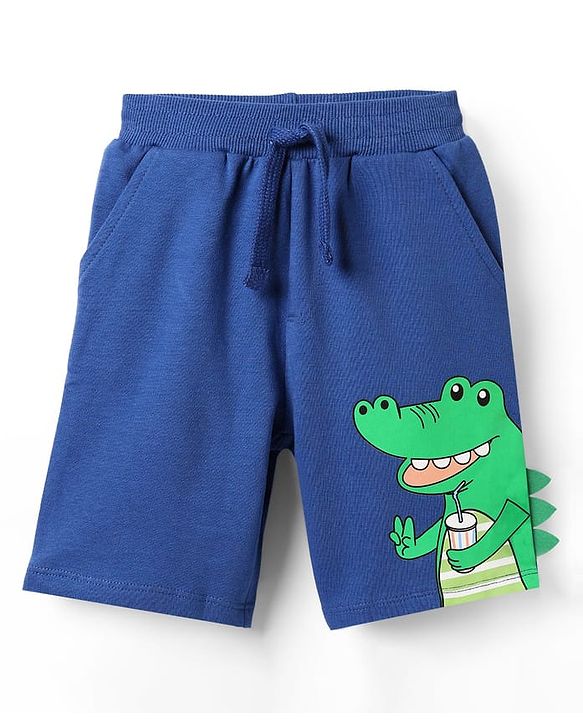 Babyhug Terry Knit Mid Thigh Shorts With Dino Print - Royal Blue