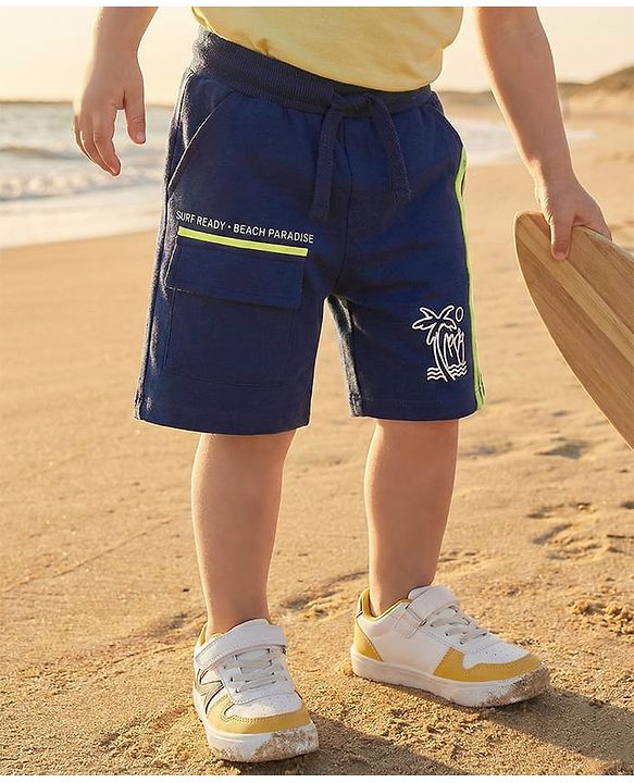 Babyhug Terry Cotton Knit Mid Thigh Beach Theme Print Shorts - Blue