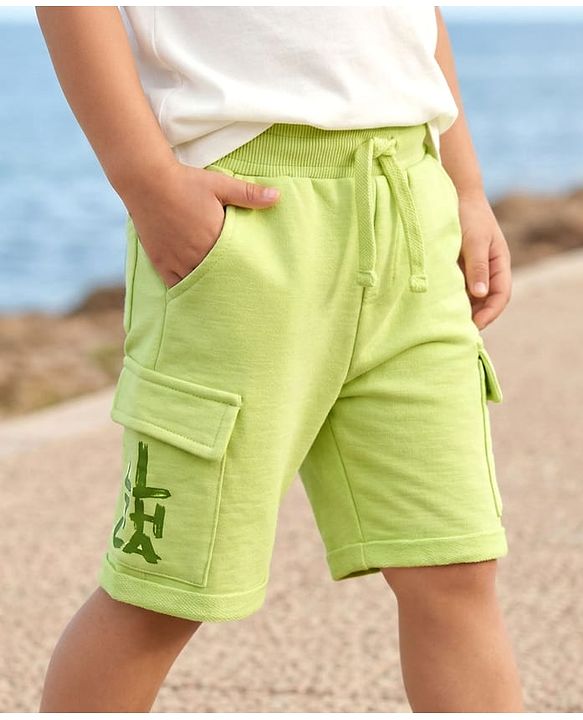 Babyhug Cotton Terry Knit Mid Thigh Shorts With Text Print - Lime Green