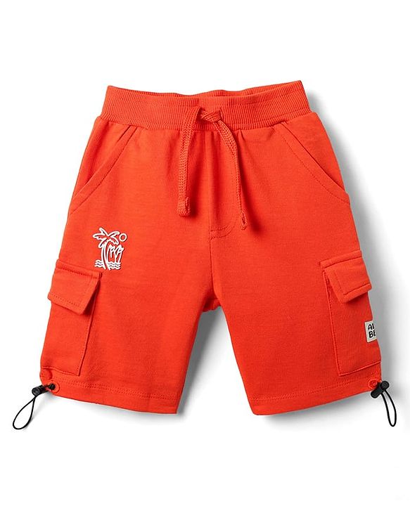 Babyhug Terry Cotton Knit Mid Thigh Shorts With Beach Theme Print - Orange