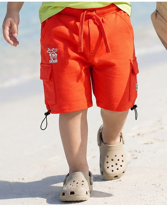Babyhug Terry Cotton Knit Mid Thigh Shorts With Beach Theme Print - Orange