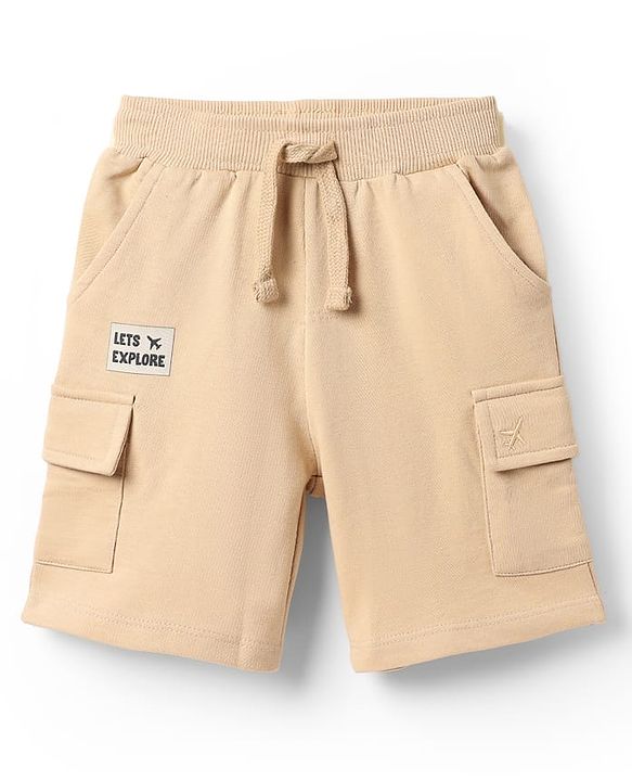 Babyhug Terry Cotton Knit Mid Thigh Shorts With Text Print & Side Pocket - Beige