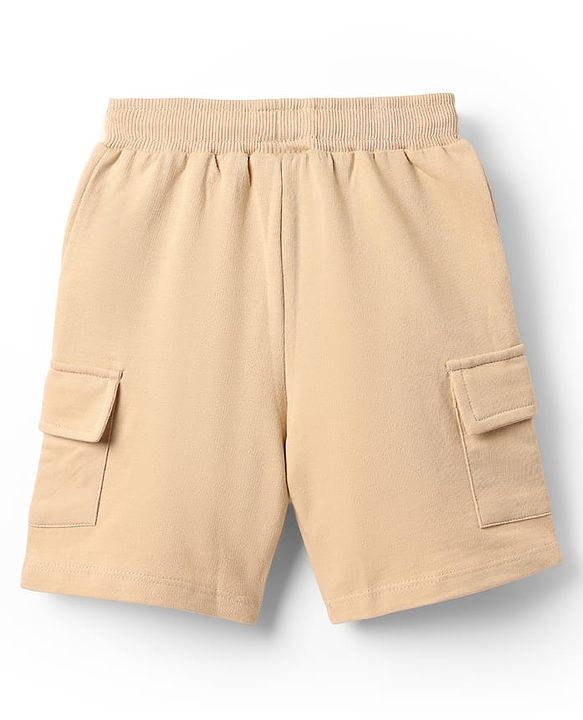 Babyhug Terry Cotton Knit Mid Thigh Shorts With Text Print & Side Pocket - Beige