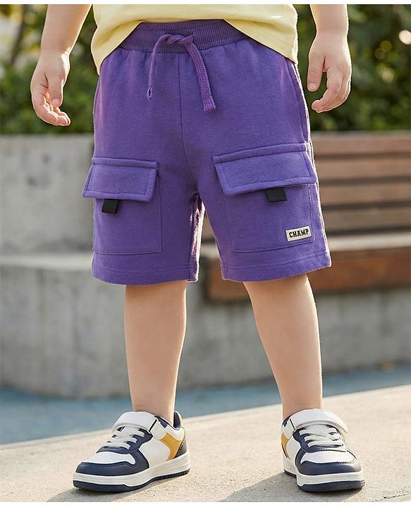 Babyhug Terry Cotton Knit Mid Thigh Solid Coloured Shorts With Front Pocket - Purple