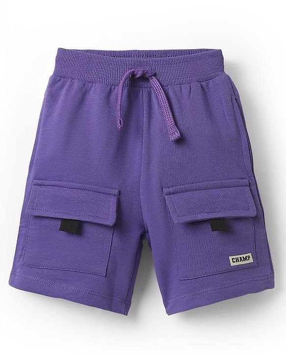 Babyhug Terry Cotton Knit Mid Thigh Solid Coloured Shorts With Front Pocket - Purple