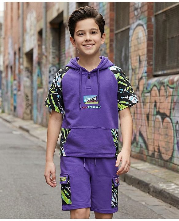 Pine Kids Looper Knit Half Raglan Sleeves Printed Hooded T-Shirt & Shorts Co-Ord Set - Purple