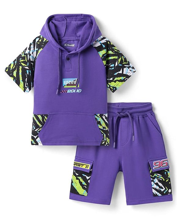 Pine Kids Looper Knit Half Raglan Sleeves Printed Hooded T-Shirt & Shorts Co-Ord Set - Purple