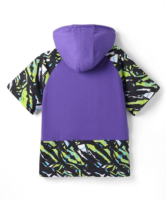 Pine Kids Looper Knit Half Raglan Sleeves Printed Hooded T-Shirt & Shorts Co-Ord Set - Purple