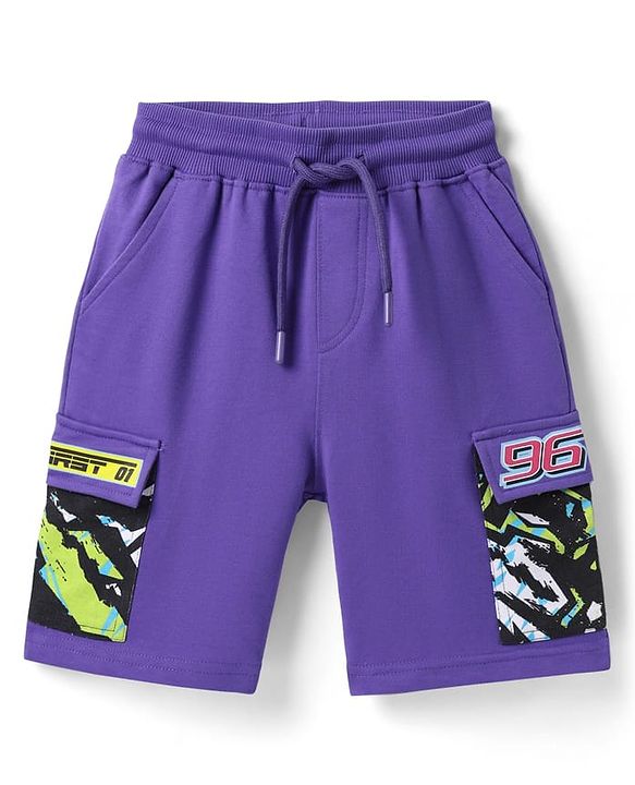 Pine Kids Looper Knit Half Raglan Sleeves Printed Hooded T-Shirt & Shorts Co-Ord Set - Purple