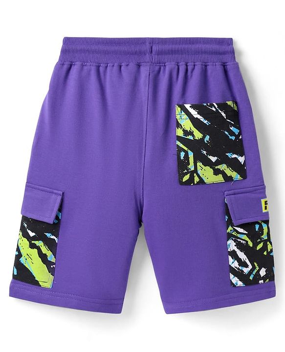 Pine Kids Looper Knit Half Raglan Sleeves Printed Hooded T-Shirt & Shorts Co-Ord Set - Purple