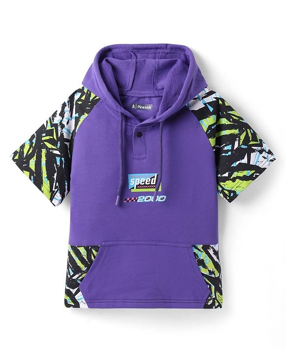 Pine Kids Looper Knit Half Raglan Sleeves Printed Hooded T-Shirt & Shorts Co-Ord Set - Purple
