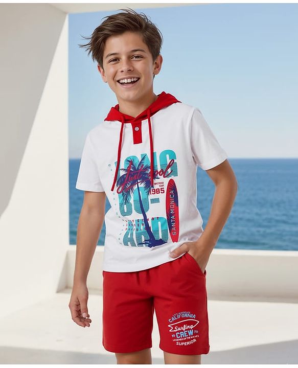 Pine Kids Looper Knit Half Sleeves Hooded T-Shirt & Shorts Set With Beach Theme Print - White & Red