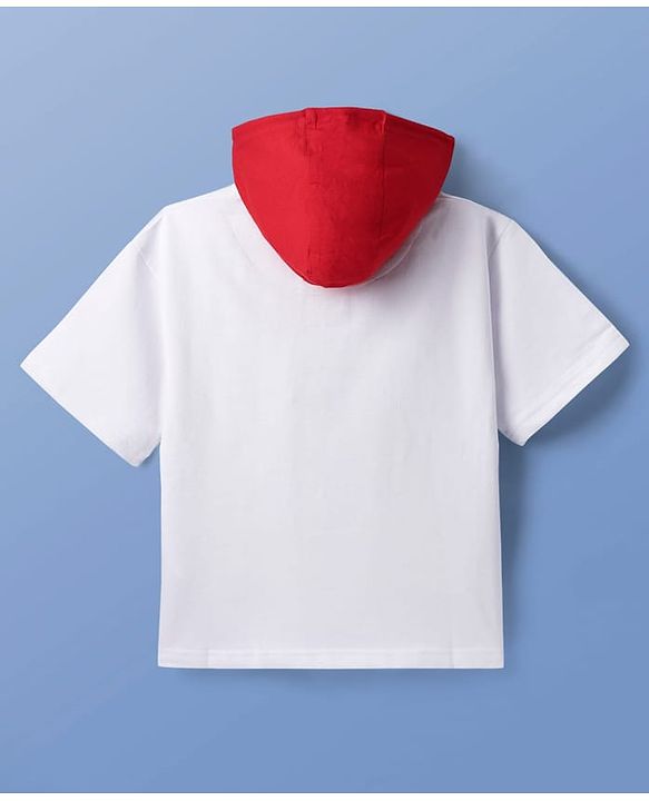 Pine Kids Looper Knit Half Sleeves Hooded T-Shirt & Shorts Set With Beach Theme Print - White & Red