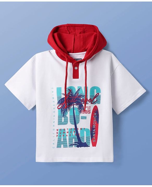 Pine Kids Looper Knit Half Sleeves Hooded T-Shirt & Shorts Set With Beach Theme Print - White & Red