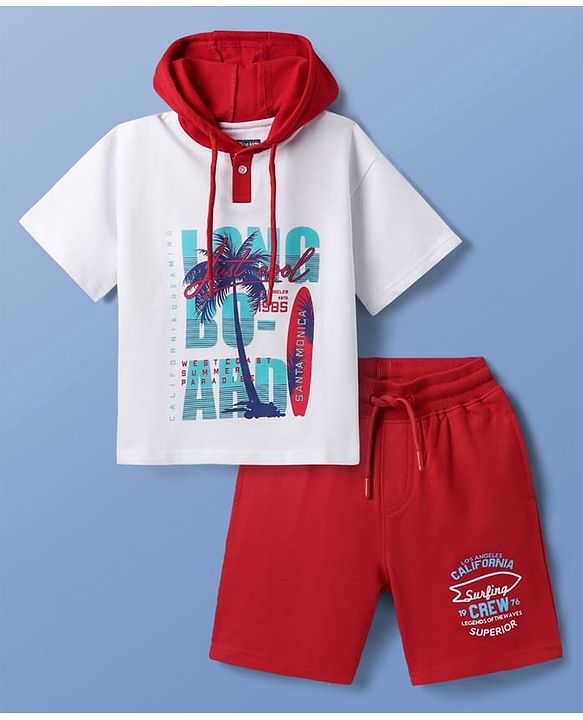 Pine Kids Looper Knit Half Sleeves Hooded T-Shirt & Shorts Set With Beach Theme Print - White & Red