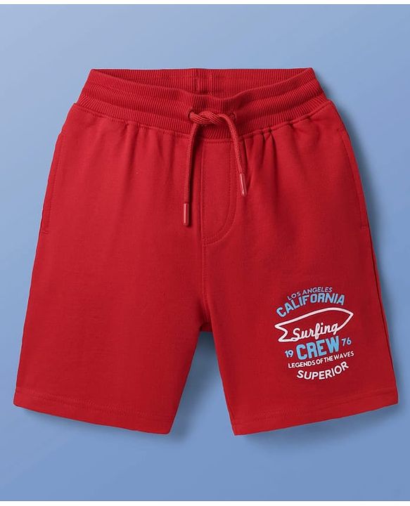 Pine Kids Looper Knit Half Sleeves Hooded T-Shirt & Shorts Set With Beach Theme Print - White & Red