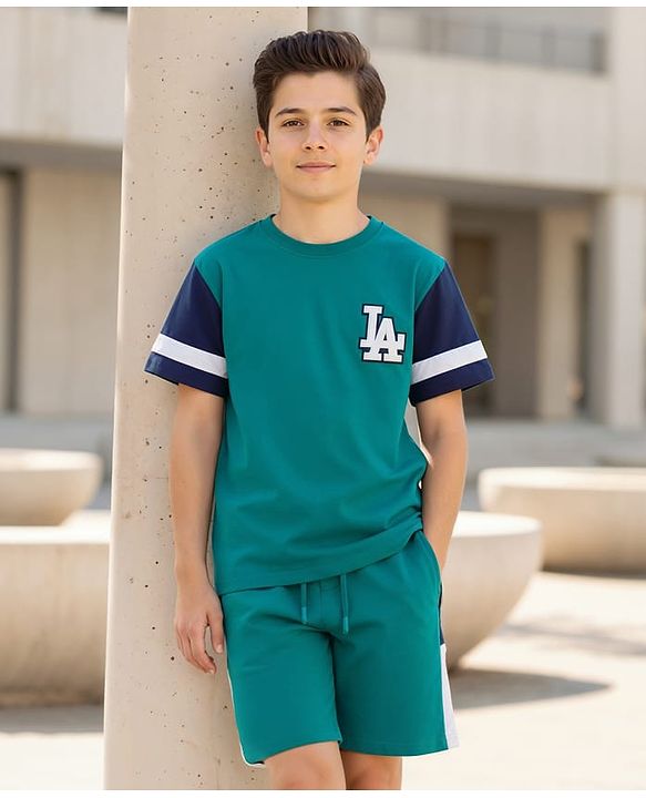 Pine Kids Looper Knit Half Drop Shoulder Sleeves T-Shirt & Shorts Set With LA Embroidery - Teal Blue
