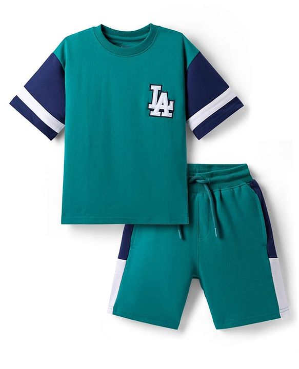 Pine Kids Looper Knit Half Drop Shoulder Sleeves T-Shirt & Shorts Set With LA Embroidery - Teal Blue