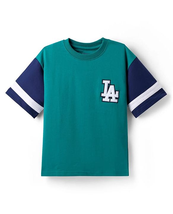 Pine Kids Looper Knit Half Drop Shoulder Sleeves T-Shirt & Shorts Set With LA Embroidery - Teal Blue
