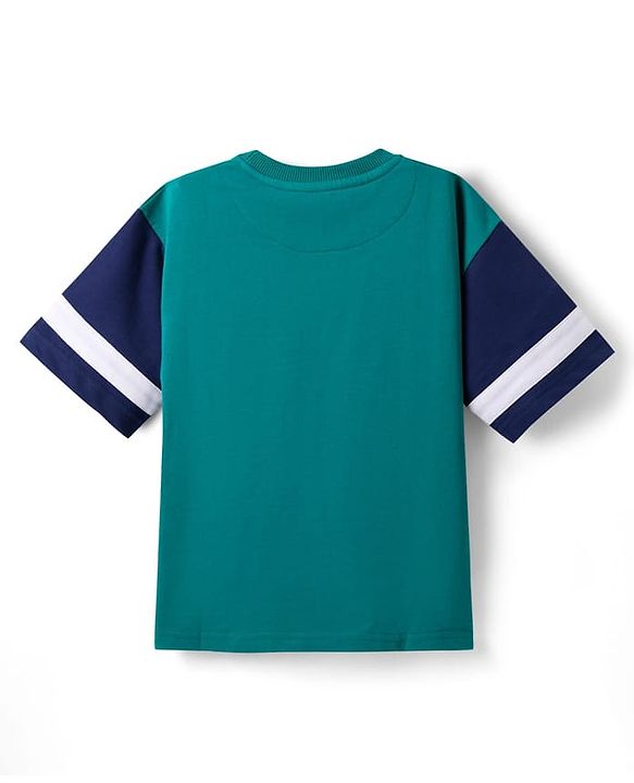 Pine Kids Looper Knit Half Drop Shoulder Sleeves T-Shirt & Shorts Set With LA Embroidery - Teal Blue