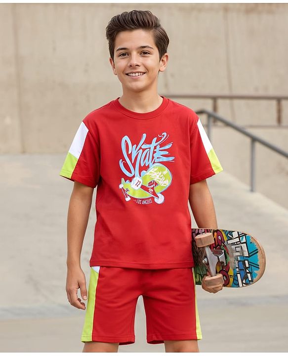 Pine Kids Looper Knit Half Sleeves T-Shirt & Shorts Set With Skateboard Print - Red