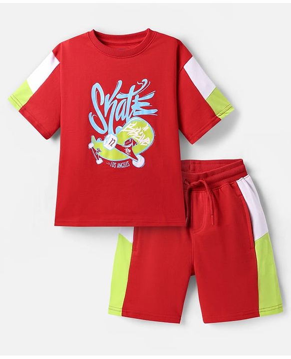 Pine Kids Looper Knit Half Sleeves T-Shirt & Shorts Set With Skateboard Print - Red