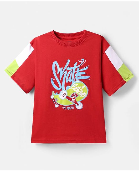 Pine Kids Looper Knit Half Sleeves T-Shirt & Shorts Set With Skateboard Print - Red