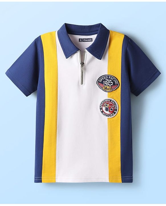 Pine Kids Looper Knit Half Sleeves Polo T-Shirt & Shorts Set With Badge Detailing - White & Navy Blue