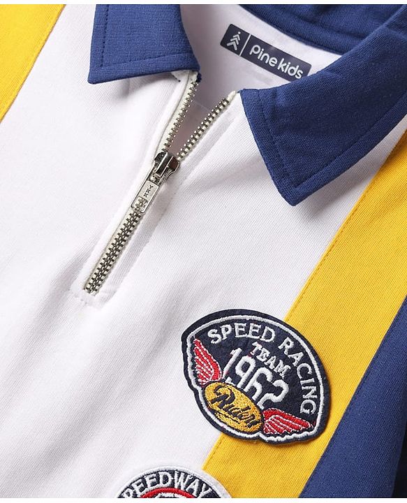 Pine Kids Looper Knit Half Sleeves Polo T-Shirt & Shorts Set With Badge Detailing - White & Navy Blue