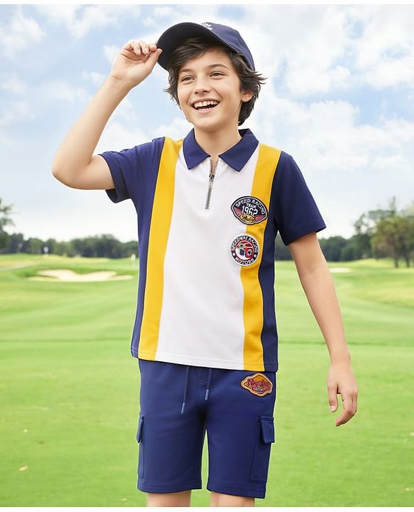 Pine Kids Looper Knit Half Sleeves Polo T-Shirt & Shorts Set With Badge Detailing - White & Navy Blue