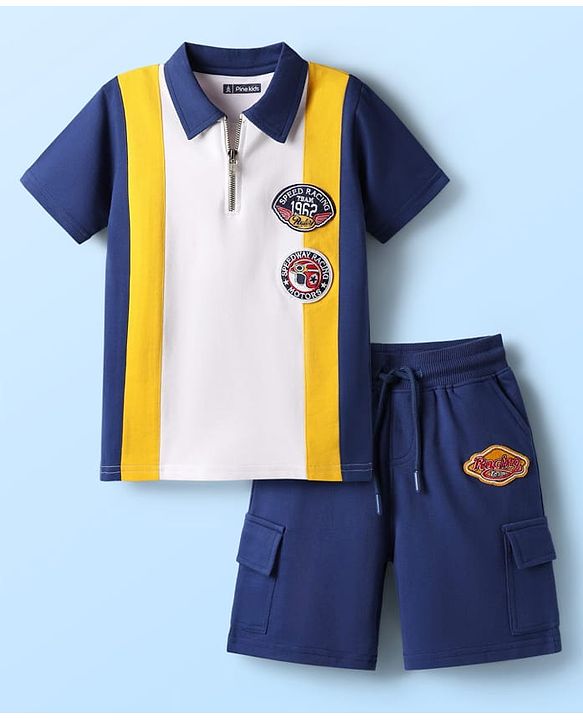 Pine Kids Looper Knit Half Sleeves Polo T-Shirt & Shorts Set With Badge Detailing - White & Navy Blue