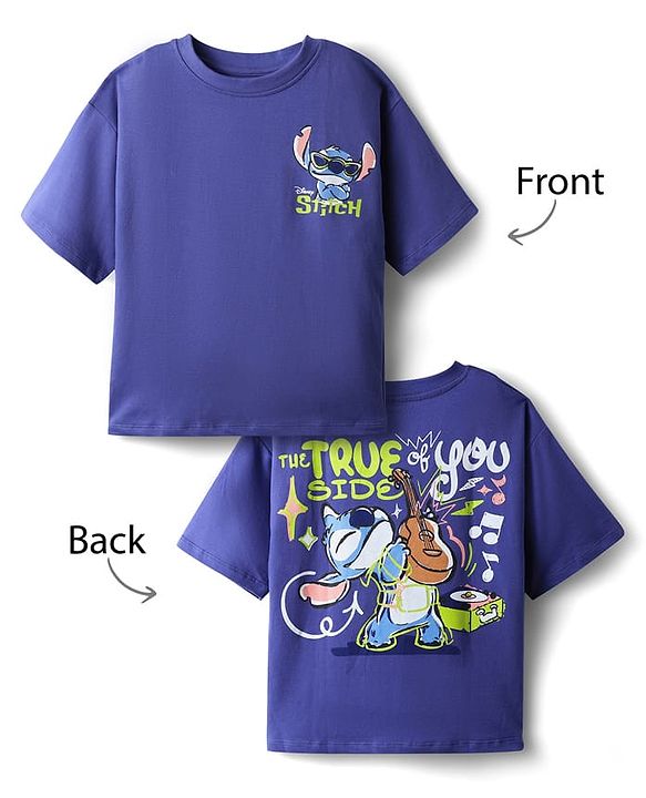 Pine Kids Disney Terry Knit Half Drop Shoulder Sleeves Oversized T-Shirt with Front & Back Lilo n Stitch Graphics - Purple