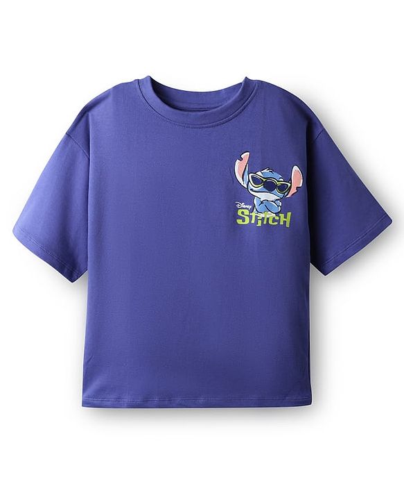 Pine Kids Disney Terry Knit Half Drop Shoulder Sleeves Oversized T-Shirt with Front & Back Lilo n Stitch Graphics - Purple