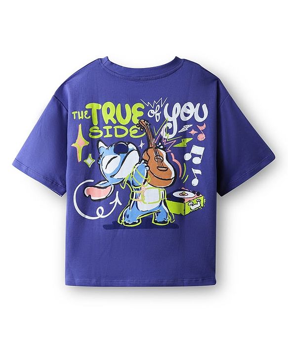 Pine Kids Disney Terry Knit Half Drop Shoulder Sleeves Oversized T-Shirt with Front & Back Lilo n Stitch Graphics - Purple