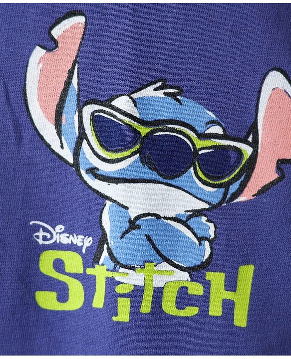 Pine Kids Disney Terry Knit Half Drop Shoulder Sleeves Oversized T-Shirt with Front & Back Lilo n Stitch Graphics - Purple