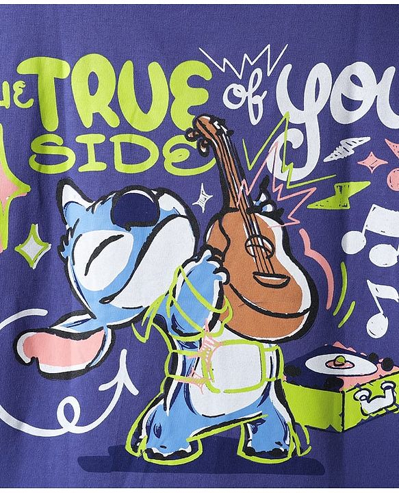 Pine Kids Disney Terry Knit Half Drop Shoulder Sleeves Oversized T-Shirt with Front & Back Lilo n Stitch Graphics - Purple
