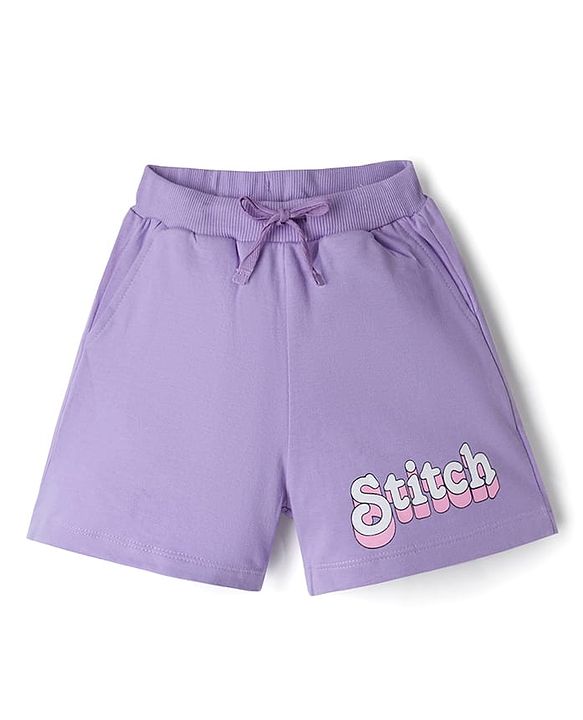 Pine KIds Disney Single Jersey Knit Over Sized Drop Shoulder Half Sleeves T-Shirt & Shorts Set with Lilo & Stitch Print - Lilac