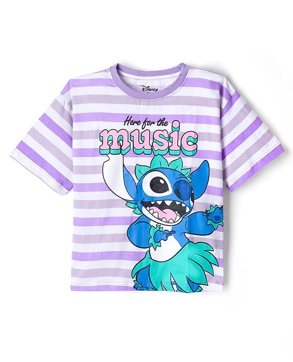 Pine KIds Disney Single Jersey Knit Over Sized Drop Shoulder Half Sleeves T-Shirt & Shorts Set with Lilo & Stitch Print - Lilac