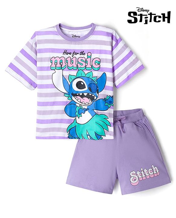 Pine KIds Disney Single Jersey Knit Over Sized Drop Shoulder Half Sleeves T-Shirt & Shorts Set with Lilo & Stitch Print - Lilac