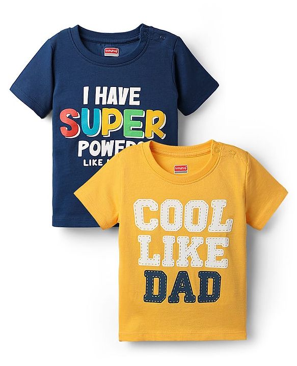 Babyhug Cotton Knit Half Sleeves T-Shirts With I Have Super Power Text Graphics Pack Of 2 - Navy Blue & Yellow
