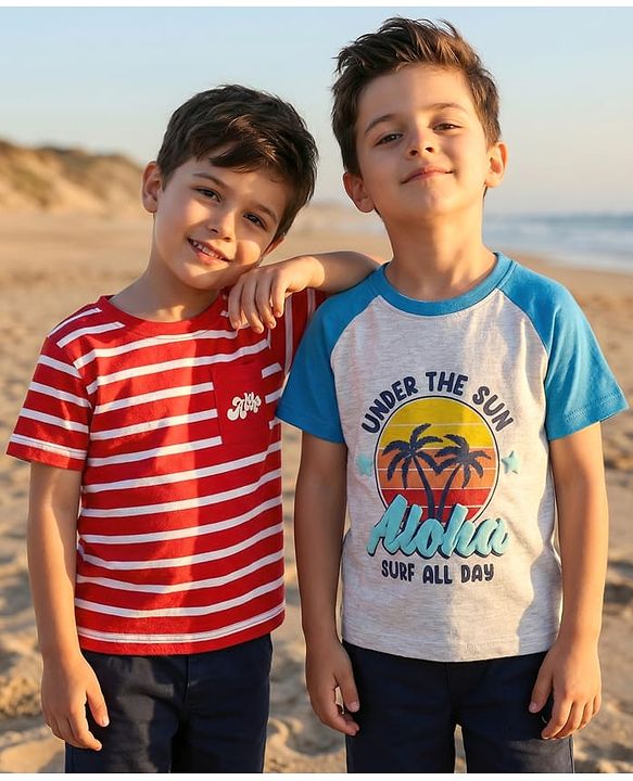 Babyhug Cotton Knit Half Sleeves T-Shirts With Stripes & Aloha Text Print Pack Of 2 - Red & Blue